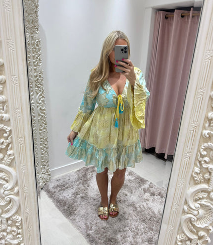 Embellished Boho Dress ~ Aqua/Lemon
