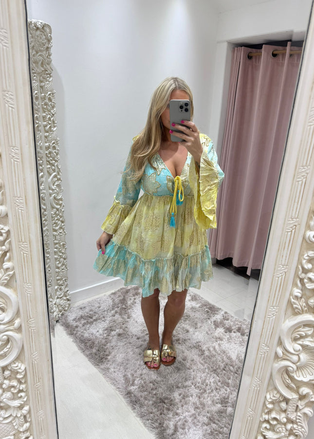 Embellished Boho Dress ~ Aqua/Lemon