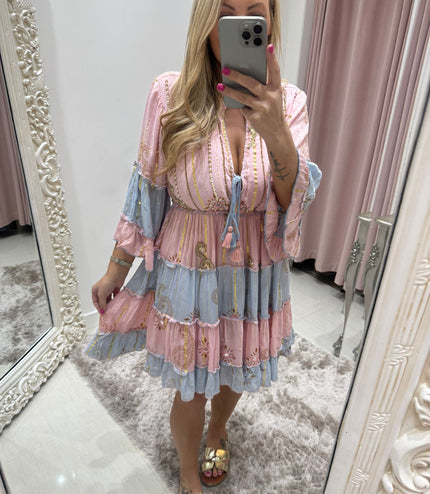 Kyra ~ Boho Embellished Short Dress Pink/Blue
