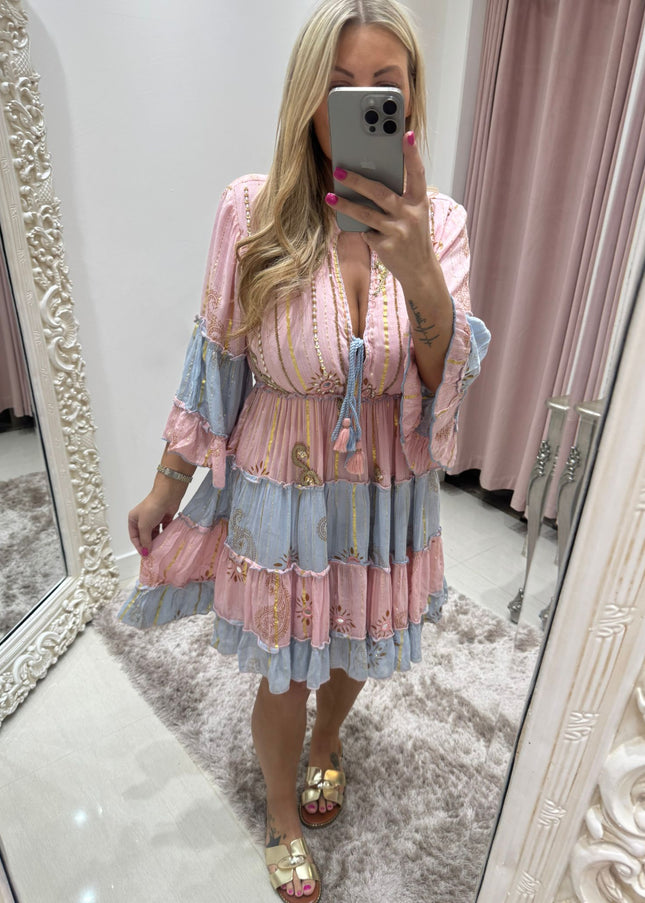 Kyra ~ Boho Embellished Short Dress Pink/Blue