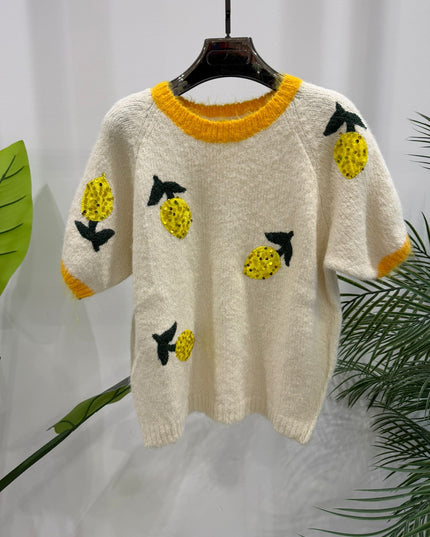 Olivia ~ Soft Knit Short Sleeve Jumper With Embellished Lemons