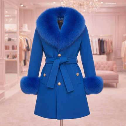 Bright Blue Luxury Fur Cashmere Coat