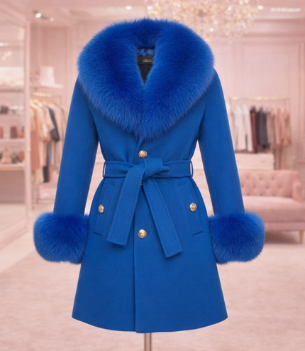 Bright Blue Luxury Fur Cashmere Coat