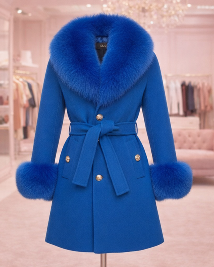 Bright Blue Luxury Fur Cashmere Coat