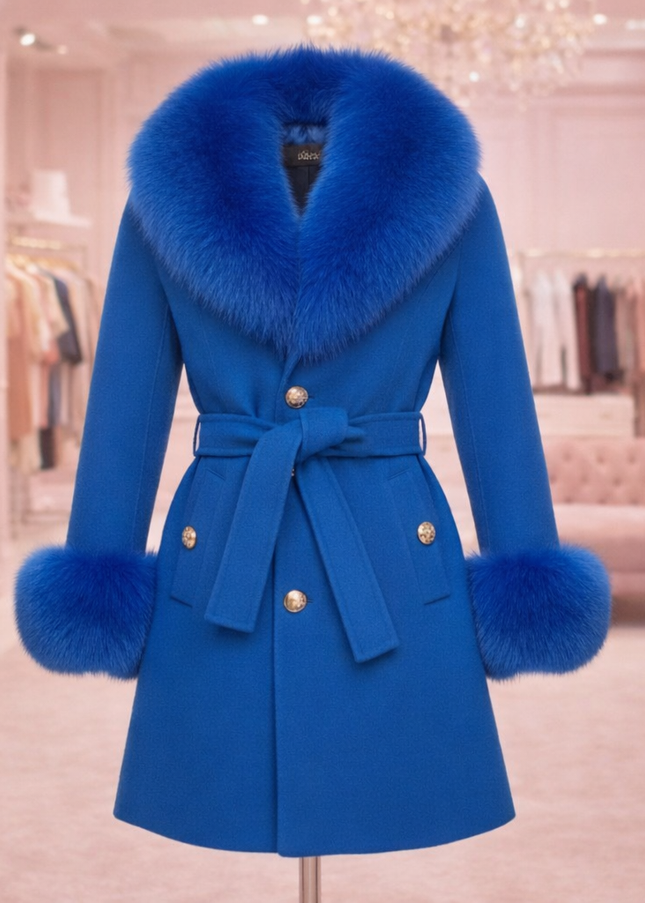 Bright Blue Luxury Fur Cashmere Coat