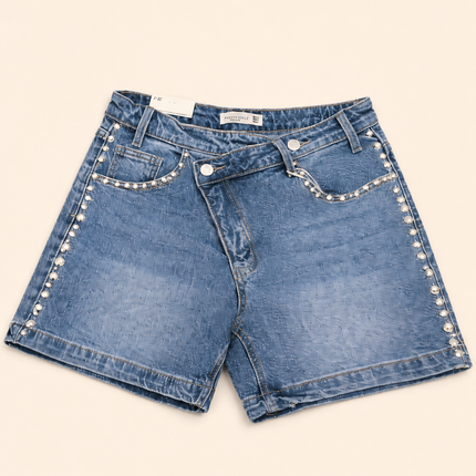 Studded Denim Shorts With Crossover Detail