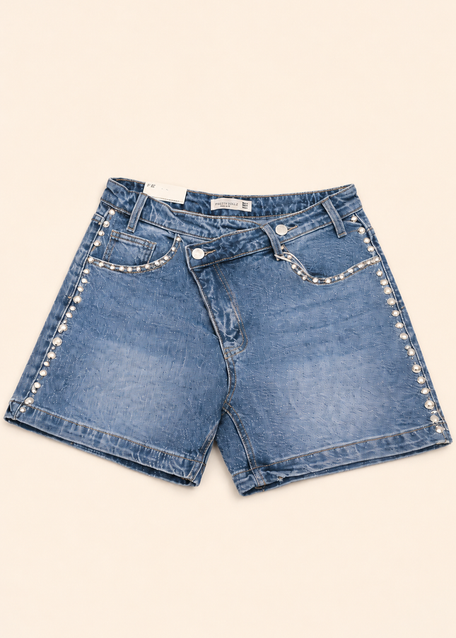 Studded Denim Shorts With Crossover Detail