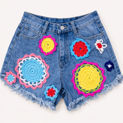 Kaitlin ~  Denim Shorts With Bright Coloured Crochet Flowers