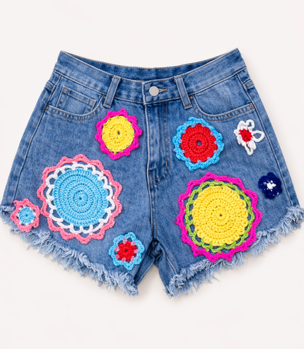 Kaitlin ~  Denim Shorts With Bright Coloured Crochet Flowers