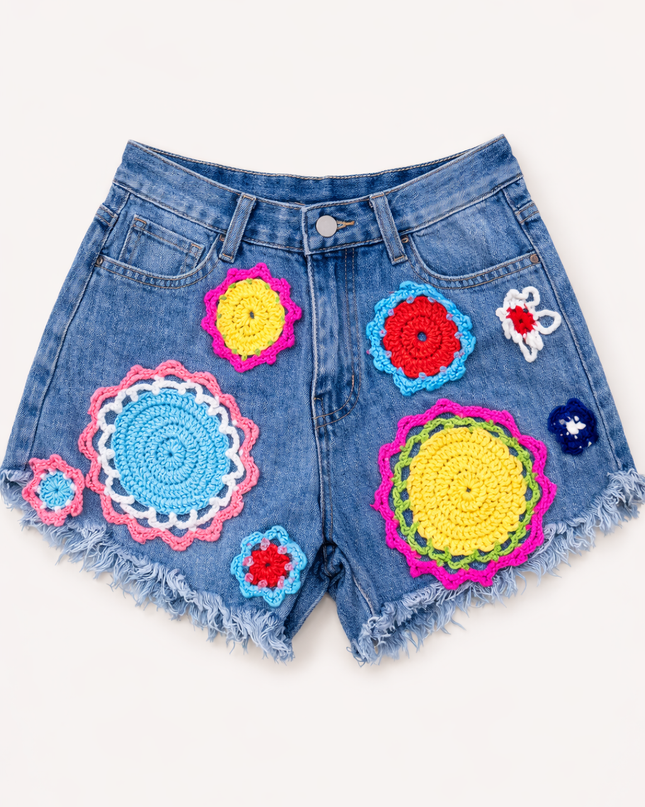 Kaitlin ~  Denim Shorts With Bright Coloured Crochet Flowers