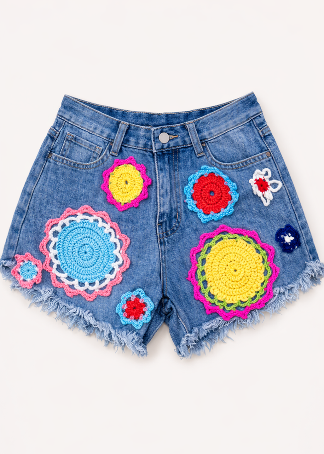 Kaitlin ~  Denim Shorts With Bright Coloured Crochet Flowers