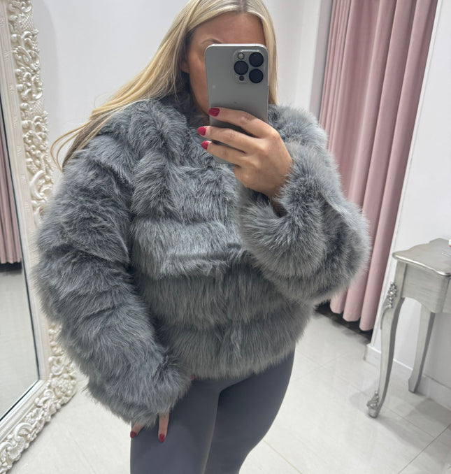 Jasmine ~ Luxury Faux Fur Panelled Jacket ~ Silver Grey