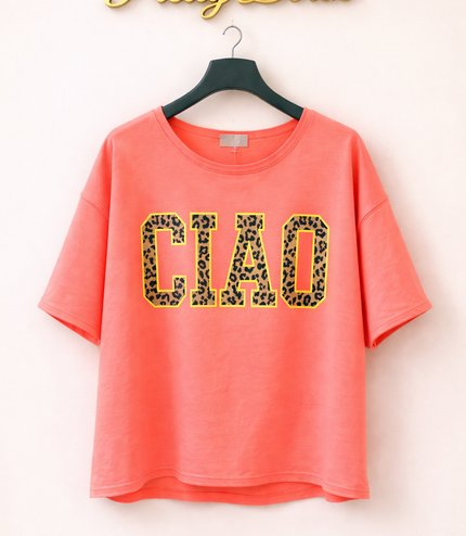 Neon Coral Leopard Print Logo Sweat Shirt