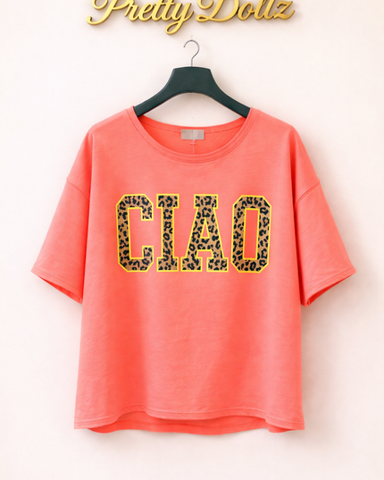 Neon Coral Leopard Print Logo Sweat Shirt