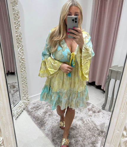 Embellished Boho Dress ~ Aqua/Lemon