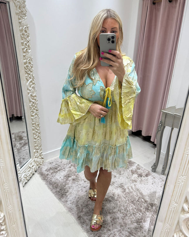 Halle ~ Embellished Layered Contrasting Panel Boho Dress ~  Aqua/Lemon