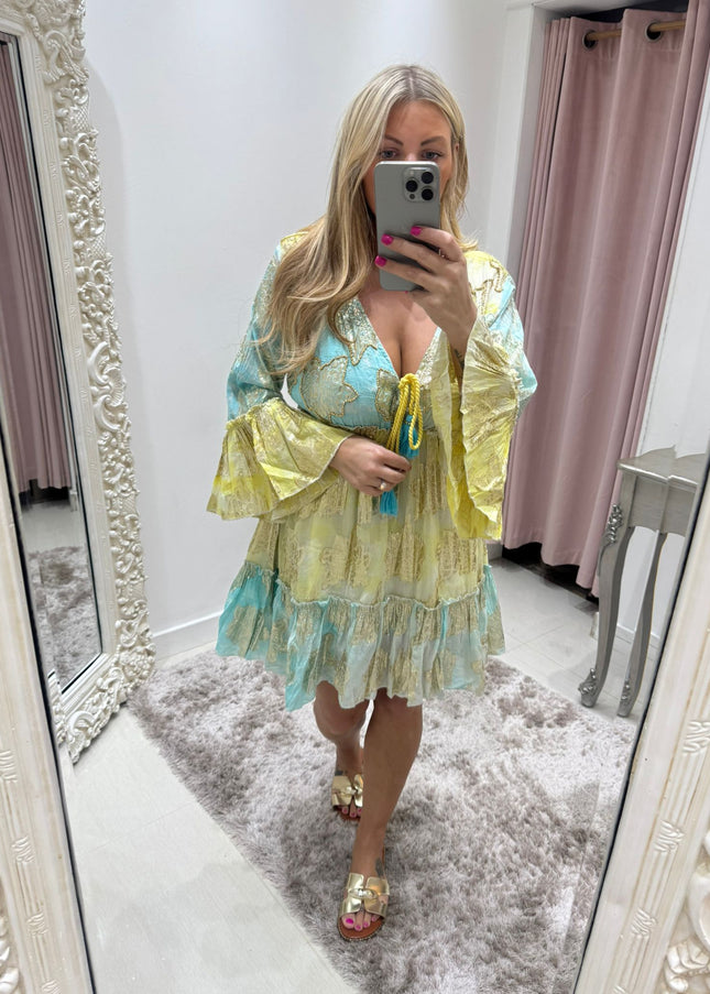 Embellished Boho Dress ~ Aqua/Lemon