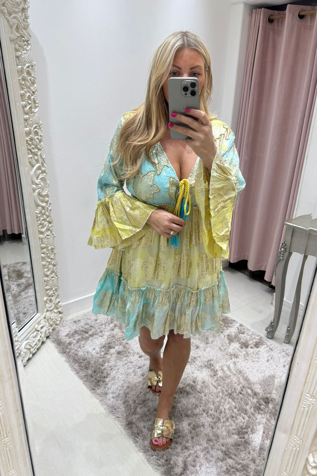 Embellished Boho Dress ~ Aqua/Lemon