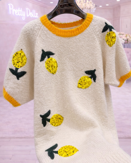 Olivia ~ Soft Knit Short Sleeve Jumper With Embellished Lemons