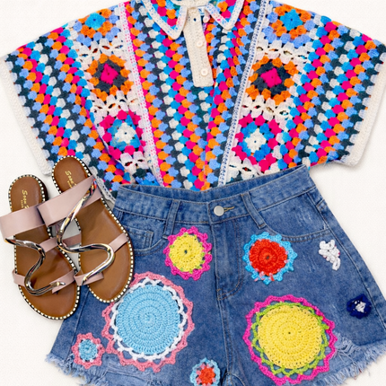 Kaitlin ~  Denim Shorts With Bright Coloured Crochet Flowers