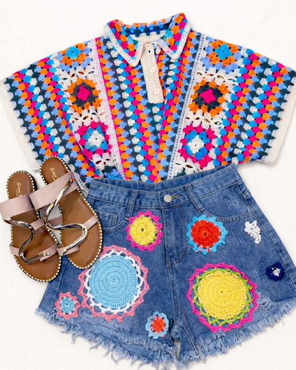 Kaitlin ~  Denim Shorts With Bright Coloured Crochet Flowers