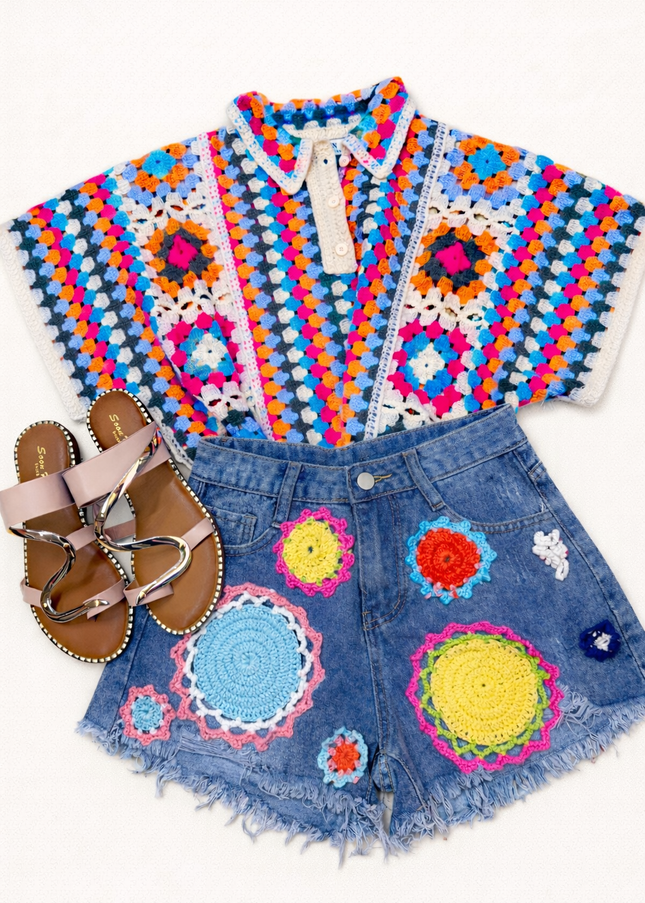 Kaitlin ~  Denim Shorts With Bright Coloured Crochet Flowers