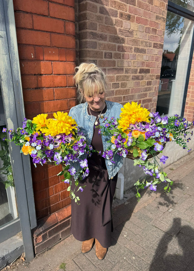 2 Wall Baskets ~ Yellow & Purple Flowers