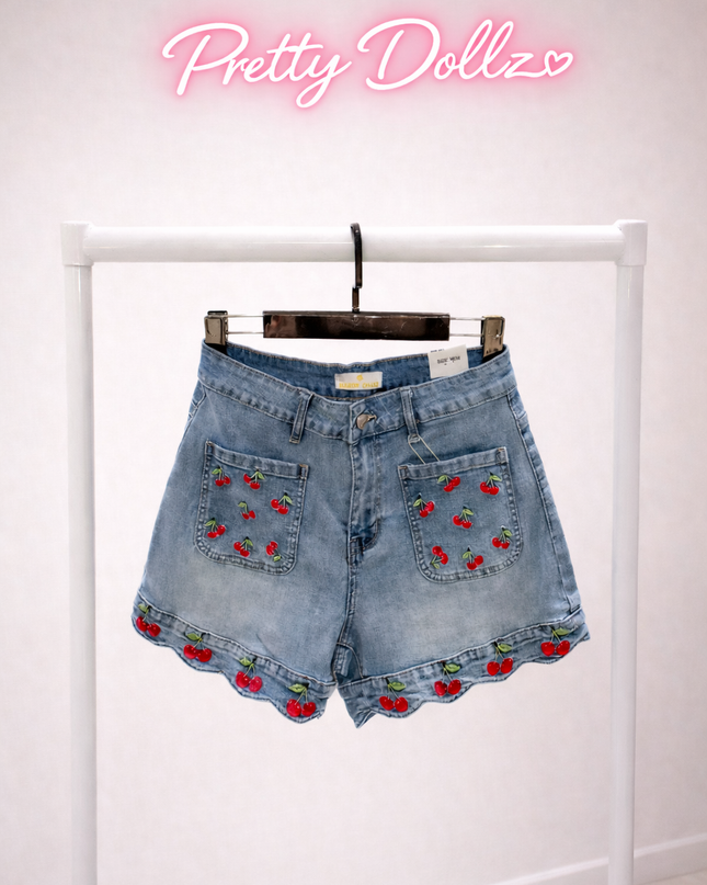 Cherry Denim Shorts With Scalloped Edge