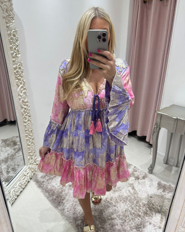 Halle ~ Embellished Layered Contrasting Panel Boho Dress~ Pink/Lilac