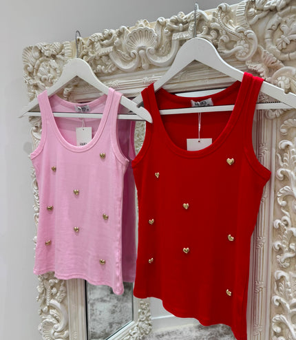 Heart To Heart ~ Ribbed Vest With Gold Heart Stud Detail
