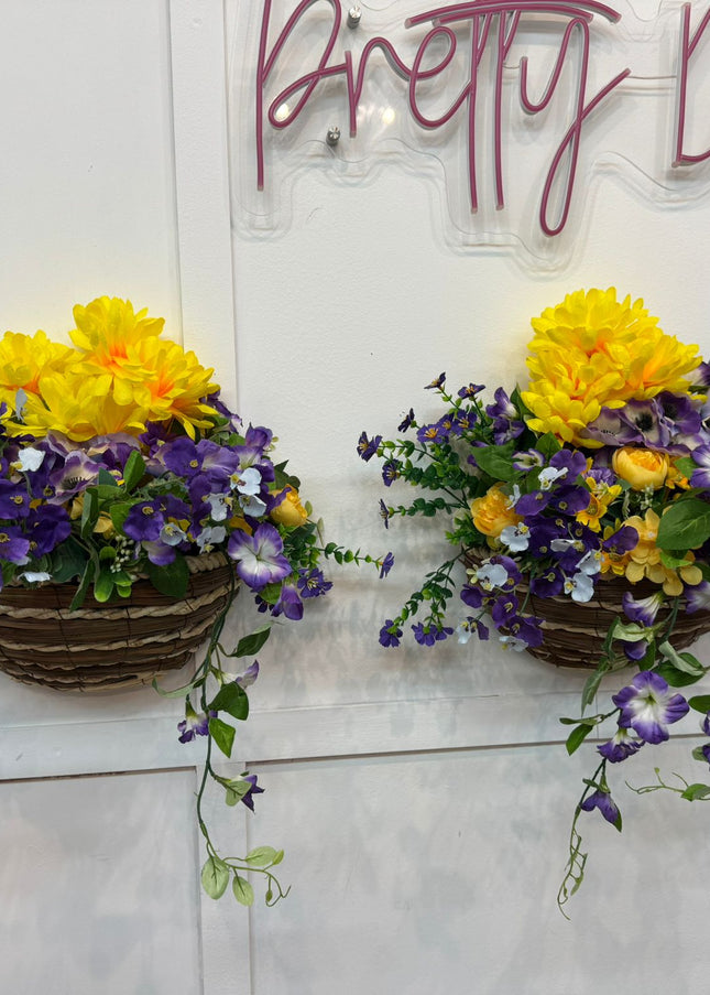 2 Wall Baskets ~ Yellow & Purple Flowers