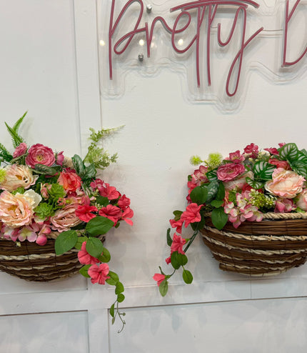 Pair of Wall Mounted Raffia Baskets Filled With Pink & Deep Pink Flowers ~ Artificial