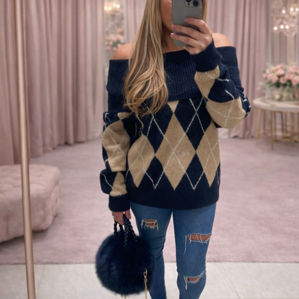 Lena ~ Bardot Argyle Long Sleeve Jumper