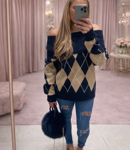 Lena ~ Bardot Argyle Long Sleeve Jumper