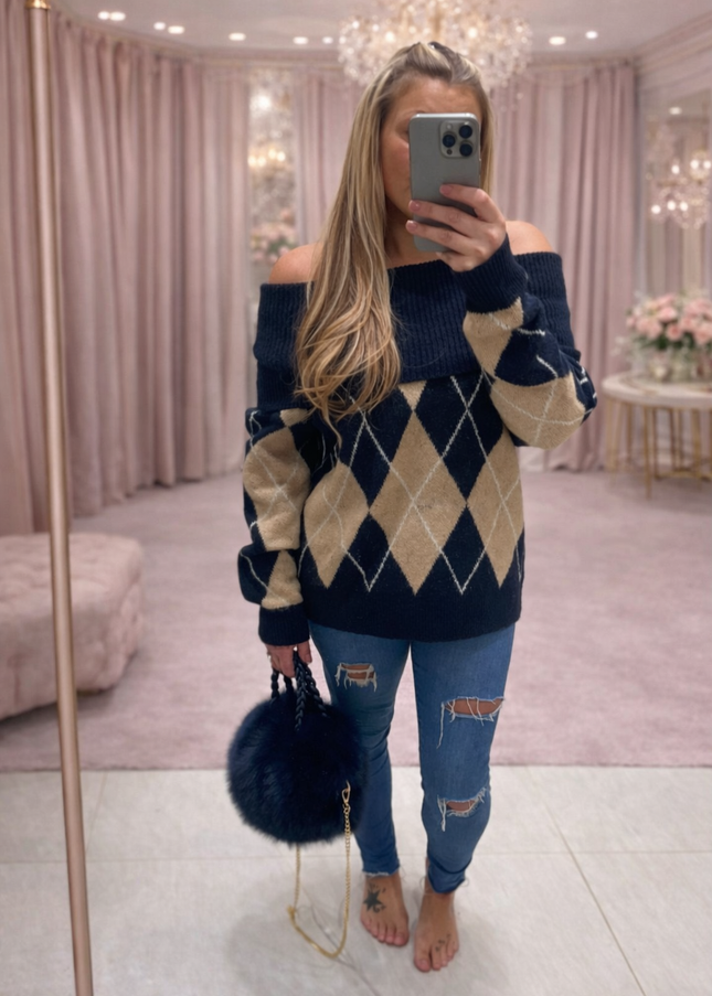 Lena ~ Bardot Argyle Long Sleeve Jumper