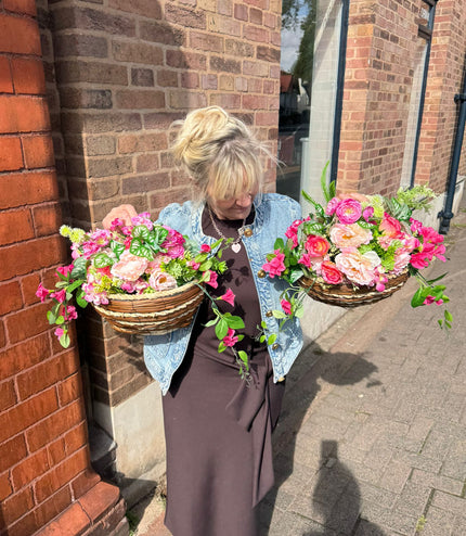 Pair of Wall Mounted Raffia Baskets Filled With Pink & Deep Pink Flowers ~ Artificial