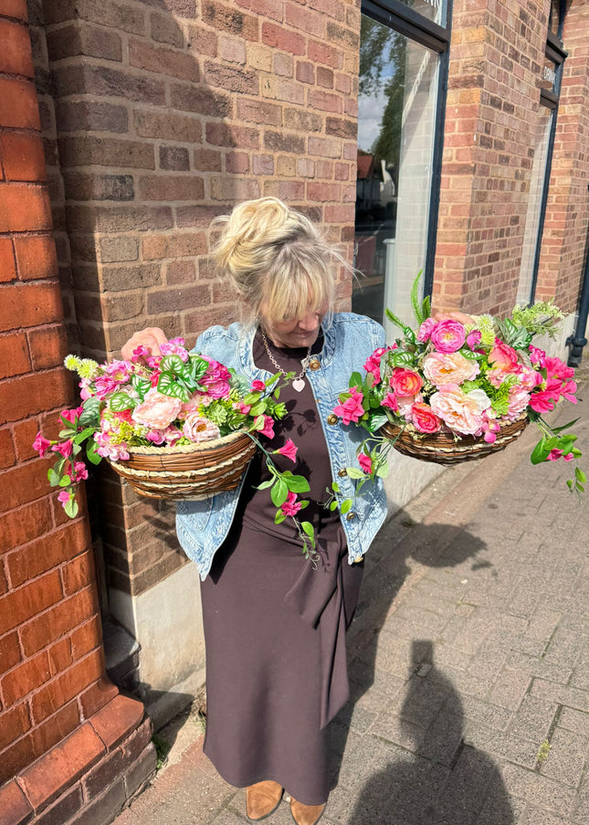 2  Wall Baskets ~  Pink Flowers