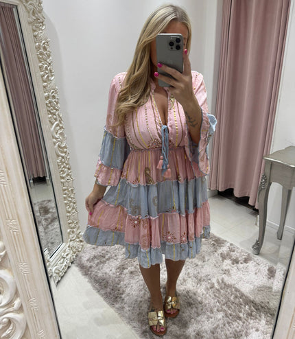 Kyra ~ Boho Embellished Short Dress Pink/Blue