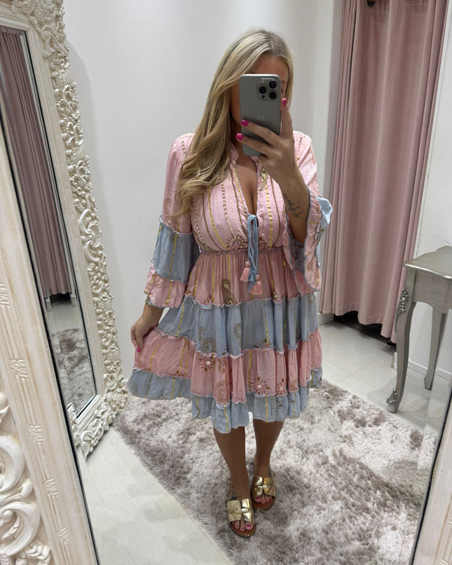 Kyra ~ Boho Silk Effect Highly Embellished Short Dress Pink/Blue