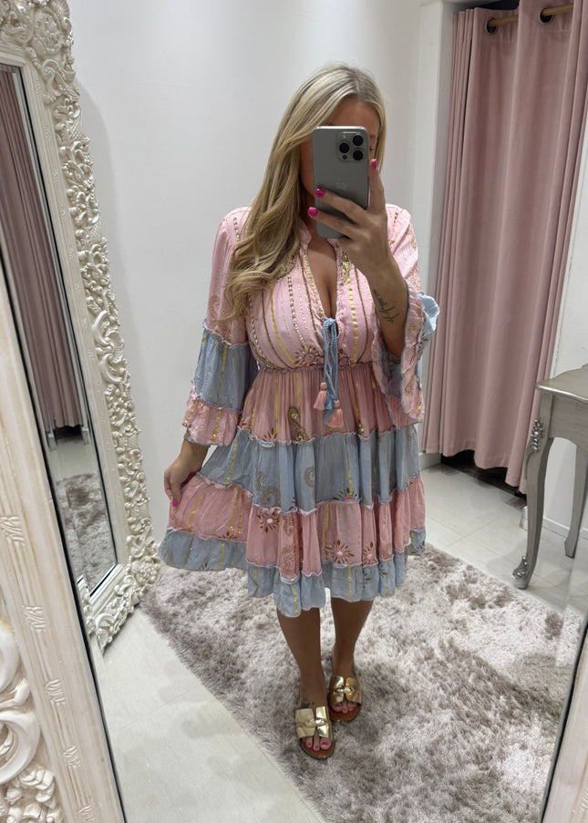 Kyra ~ Boho Embellished Short Dress Pink/Blue