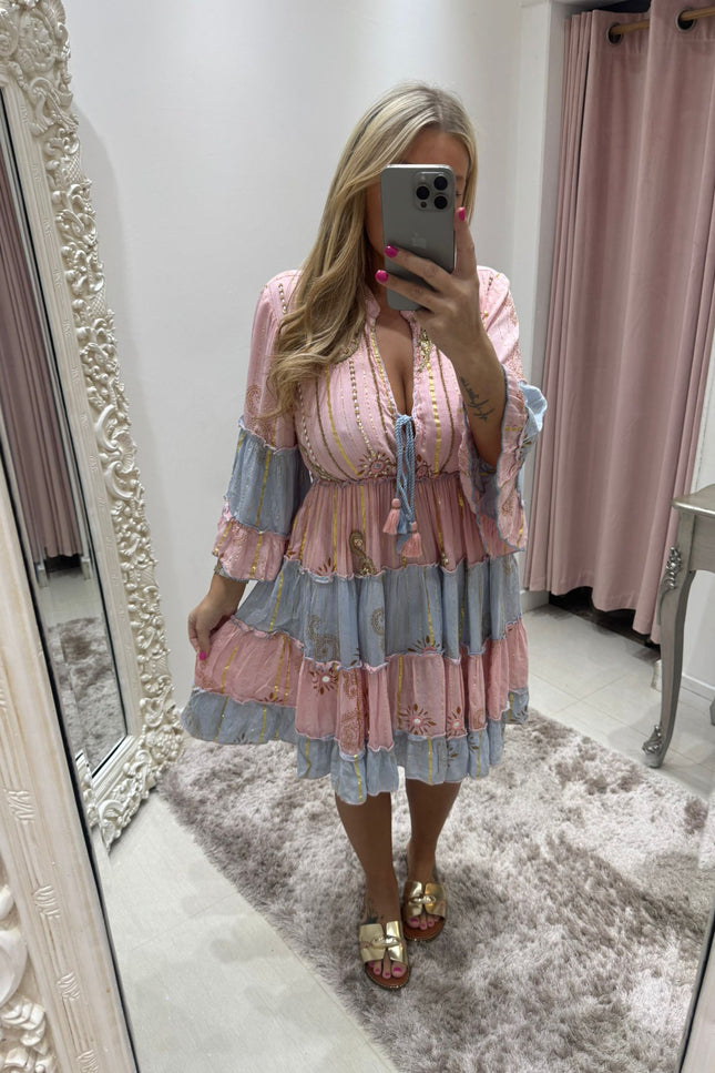 Kyra ~ Boho Embellished Short Dress Pink/Blue