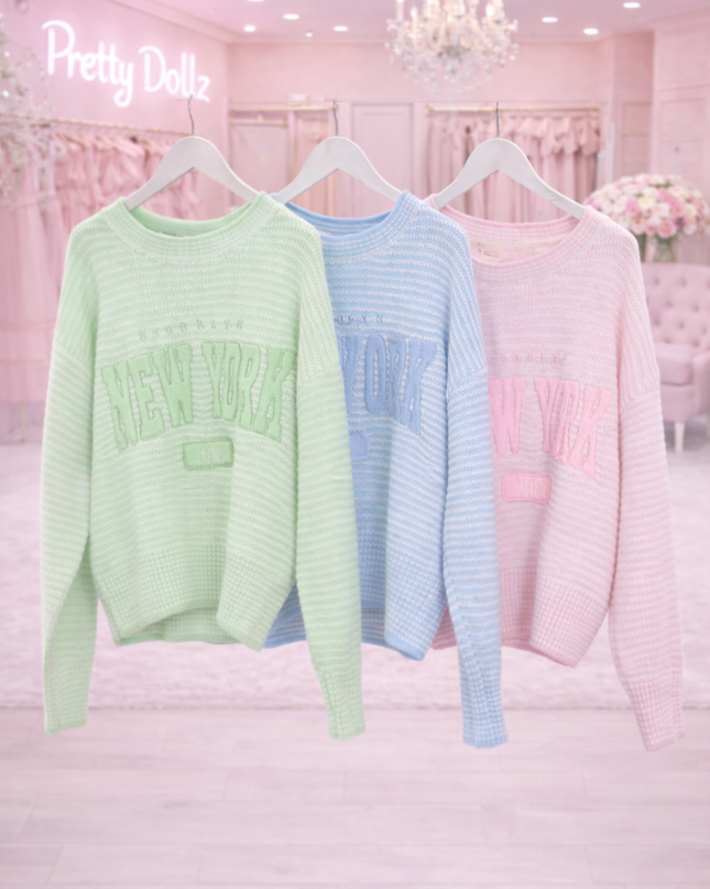 Pastel Striped Embroidered Slogan Knitted Jumper