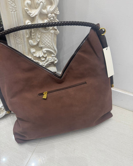 Large Brown Tassel Fringed Faux Suede Slouch Handbag