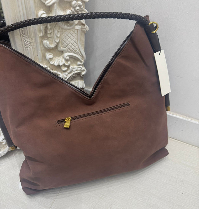 Large Brown Tassel Fringed Faux Suede Slouch Handbag