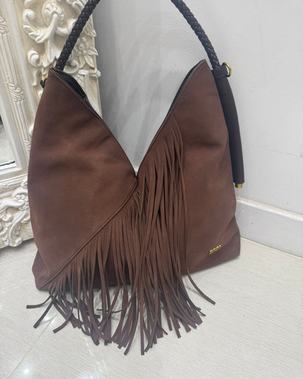 Large Brown Tassel Fringed Faux Suede Slouch Handbag