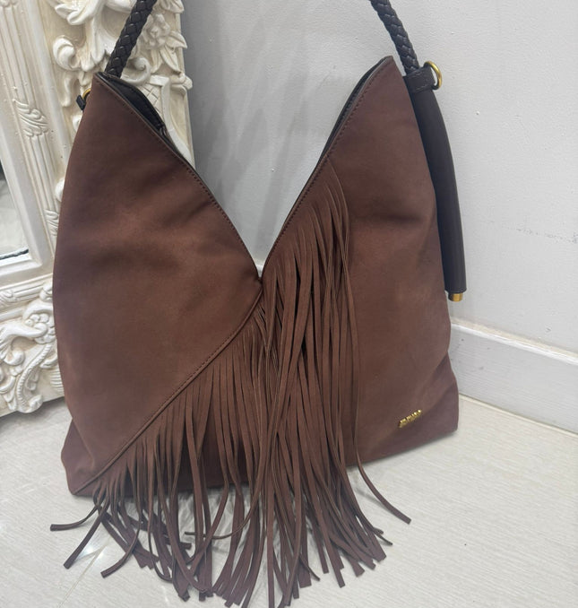 Large Brown Tassel Fringed Faux Suede Slouch Handbag