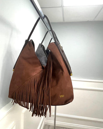 Large Brown Tassel Fringed Faux Suede Slouch Handbag