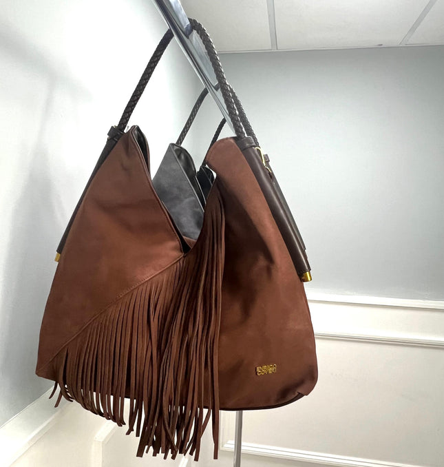 Large Brown Tassel Fringed Faux Suede Slouch Handbag
