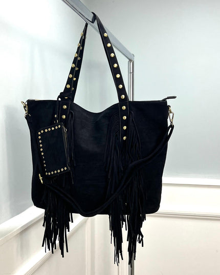 Verona ~ Black Faux Suede Tote Handbag