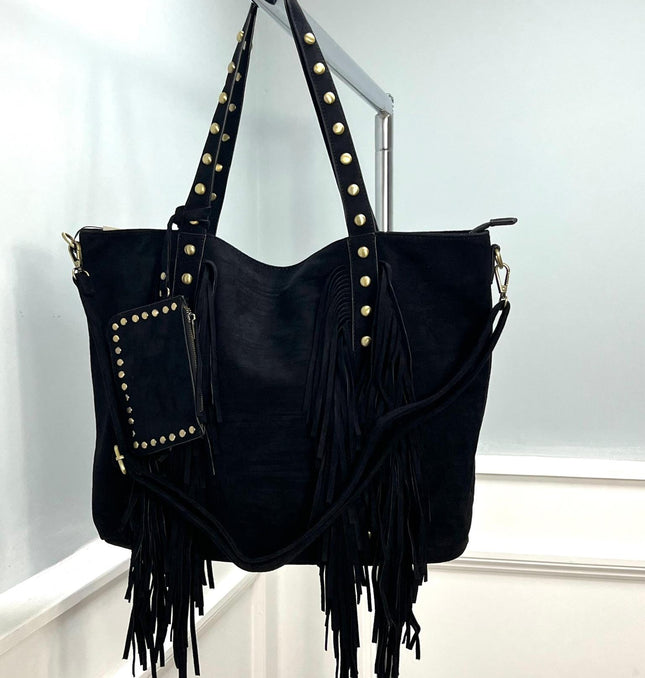 Verona ~ Black Faux Suede Tote Handbag